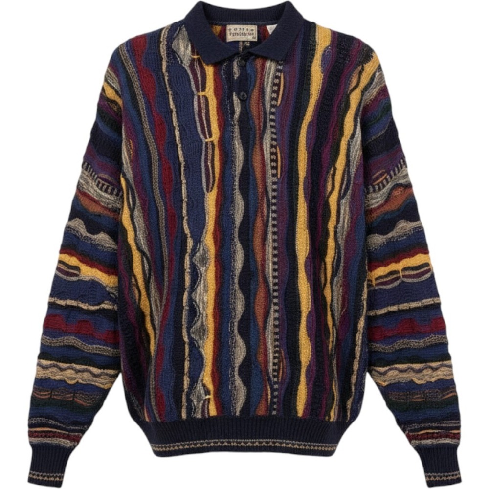 Cotton Traders Vintage 3D Knit Sweater Mens Large Multi Color Coogi Style Polo